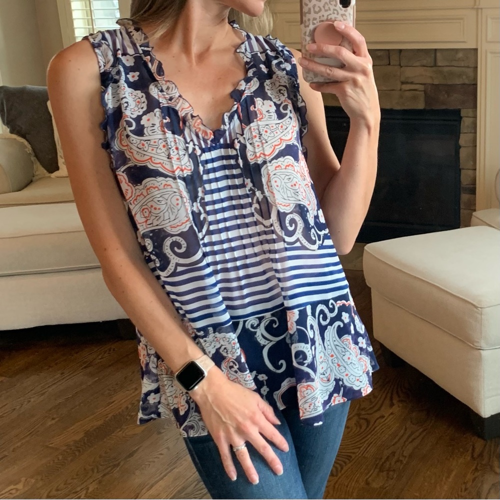 CABI Small Sleeveless Blouse Style 5349 Peplum Shear Paisley Stripes Blue White